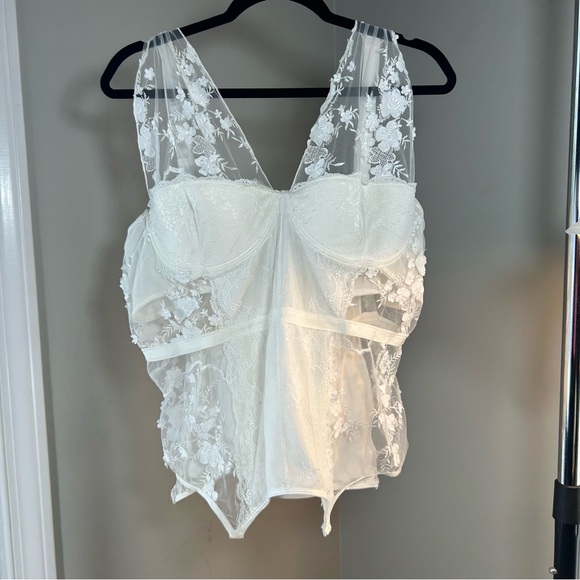 Coquette Tops - Coquette Diva Ivory Lace and Mesh Bodysuit Corset with Flower Appliqués 3X Plus